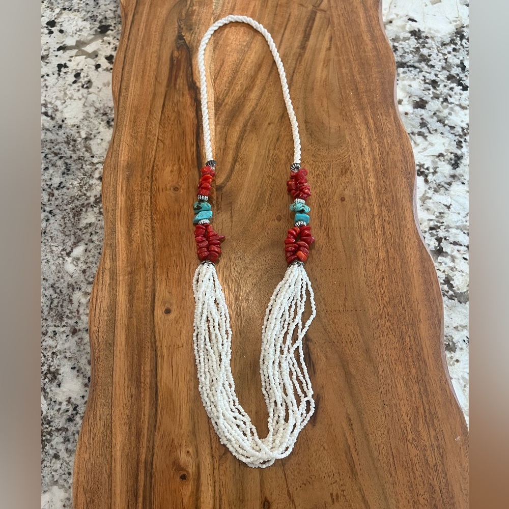 Gorgeous Vintage Glass Seedbead Necklace With Red Coral And Turquise Chu… - Picture 2 of 6